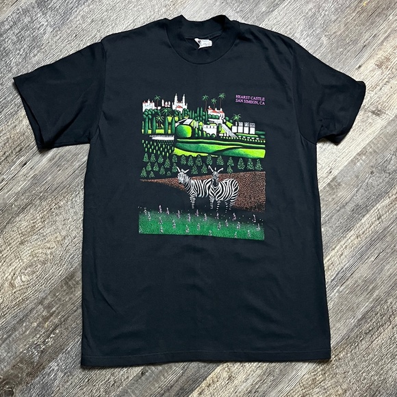 Vintage Zebra Animal Print Shirt Size Large Black 90's Zoo Tee Hearst Castle - Picture 2 of 3